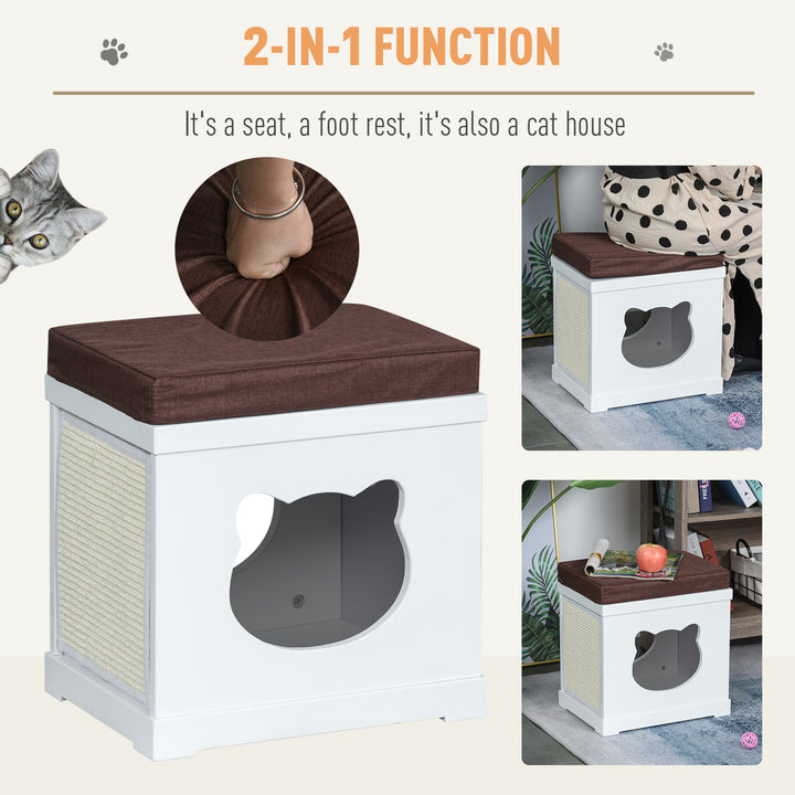 Wooden Cat House Bed Cat Scratching Cube for Small Cat Pet Furniture with Removable Scratching Pad and Soft Cushion White