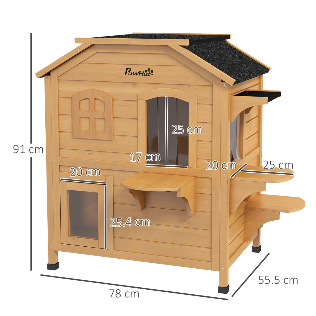 Wooden Cat House Condos Cat Cave Pet Shelter 2 Floor Villa Outdoor Furniture Natural Wood Finish