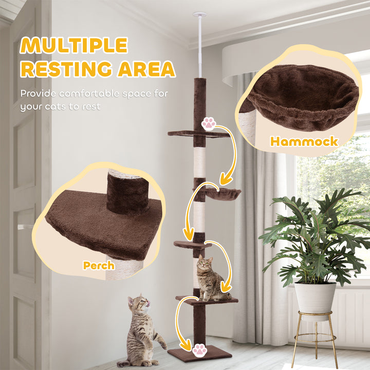 PawHut Floor to Ceiling Cat Tree for Indoor Cats 5-Tier Kitty Tower Climbing Activity Center Scratching Post Adjustable Height 230-260 cm Brown