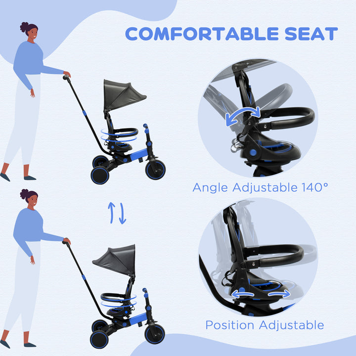 3-in-1 Tricycle for Kids with Aluminium Frame, Baby Trike with Adjustable Push Handle, Canopy and Seat Angle for 18-48 Months, Blue
