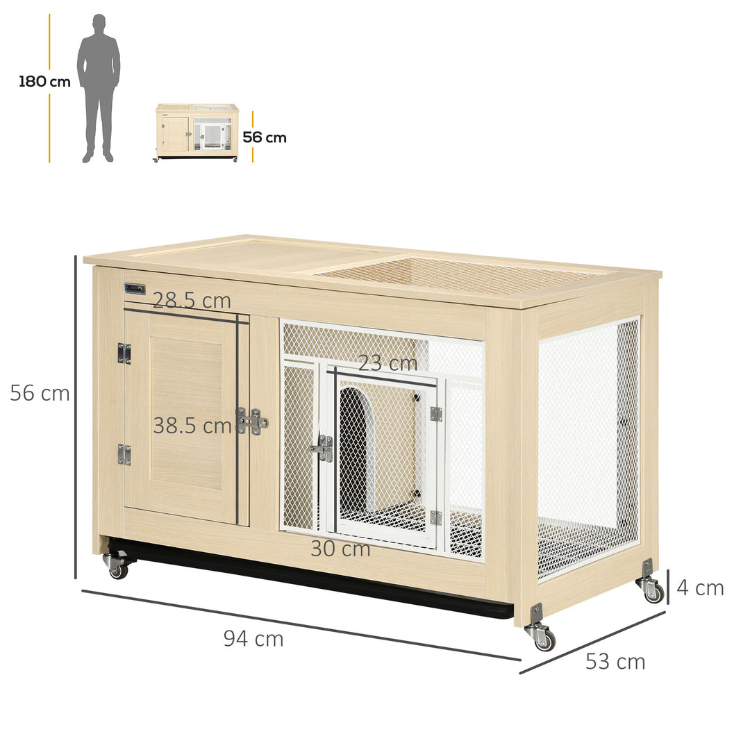 PawHut Rabbit Hutch with Wheels, Guinea Pig Cage with Openable Roof, Bunny Run with Slide-out Tray, Small Animal House for Indoor, 94 x 53 x 56cm, Oak