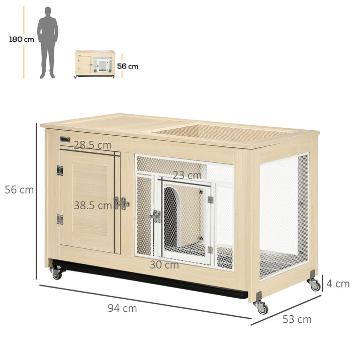 PawHut Rabbit Hutch with Wheels, Guinea Pig Cage with Openable Roof, Bunny Run with Slide-out Tray, Small Animal House for Indoor, 94 x 53 x 56cm, Oak