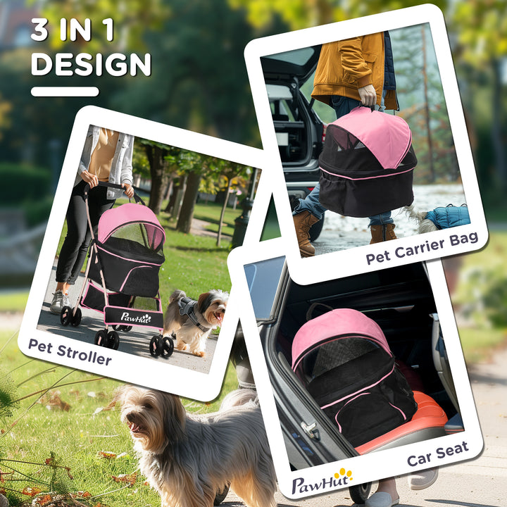 PawHut Detachable Pet Stroller, 3-In-1 Dog Cat Travel Carriage, Foldable Carrying Bag with Universal Wheel Brake Canopy Basket Storage Bag, Pink