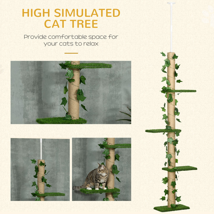 PawHut 242cm Floor to Ceiling Cat Tree, Height Adjustable Kitten Tower with Anti-slip Kit, Highly Simulated Multi-Layer Activity Center Green