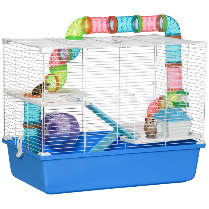 PawHut Large Hamster Cage, 3-Level Small Rodents House, with Tube Tunnel, Exercise Wheel, Water Bottle, Food Dish, Ramps, Hut, 59 x 36 x 47 cm, Blue