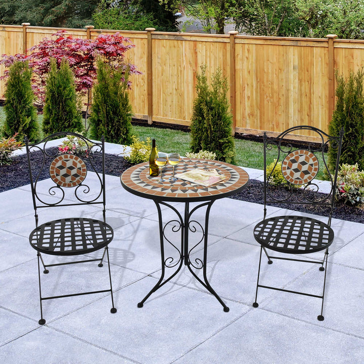 3 PCs Garden Mosaic Bistro Set Outdoor Patio 2 Folding Chairs &amp; 1 Round Table  Outdoor Metal Furniture Vintage