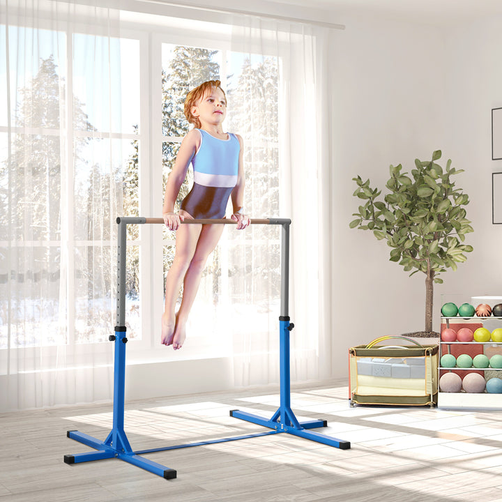 Height Adjustable Gymnastics Horizontal Bar For Kids Home Gym Training Children Junior Kip High Bar Fitness Blue w/ Steel Frame Wood