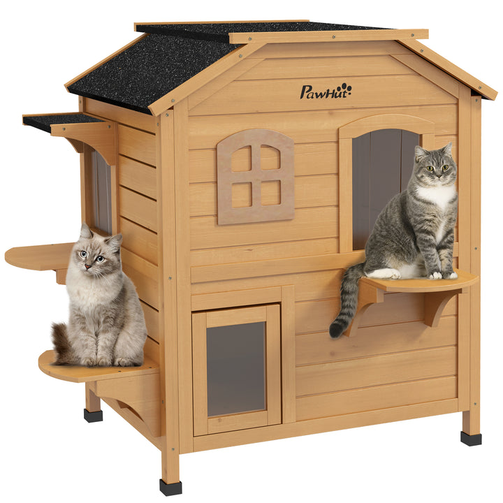 Wooden Cat House Condos Cat Cave Pet Shelter 2 Floor Villa Outdoor Furniture Natural Wood Finish