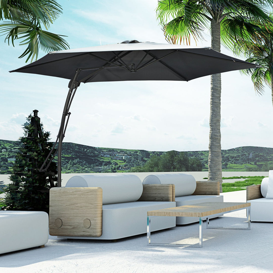 3m Cantilever Parasol with Easy Lever, Patio Umbrella with Crank Handle, Cross Base and 6 Metal Ribs, Outdoor Sun Shades for Garden, Grey