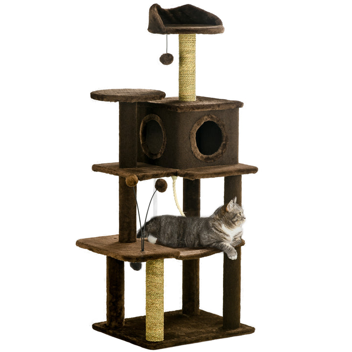 136cm Cat Tree for Indoor Cats, Modern Cat Tower with Scratching Posts, house, Platforms, Toy Ball - Brown