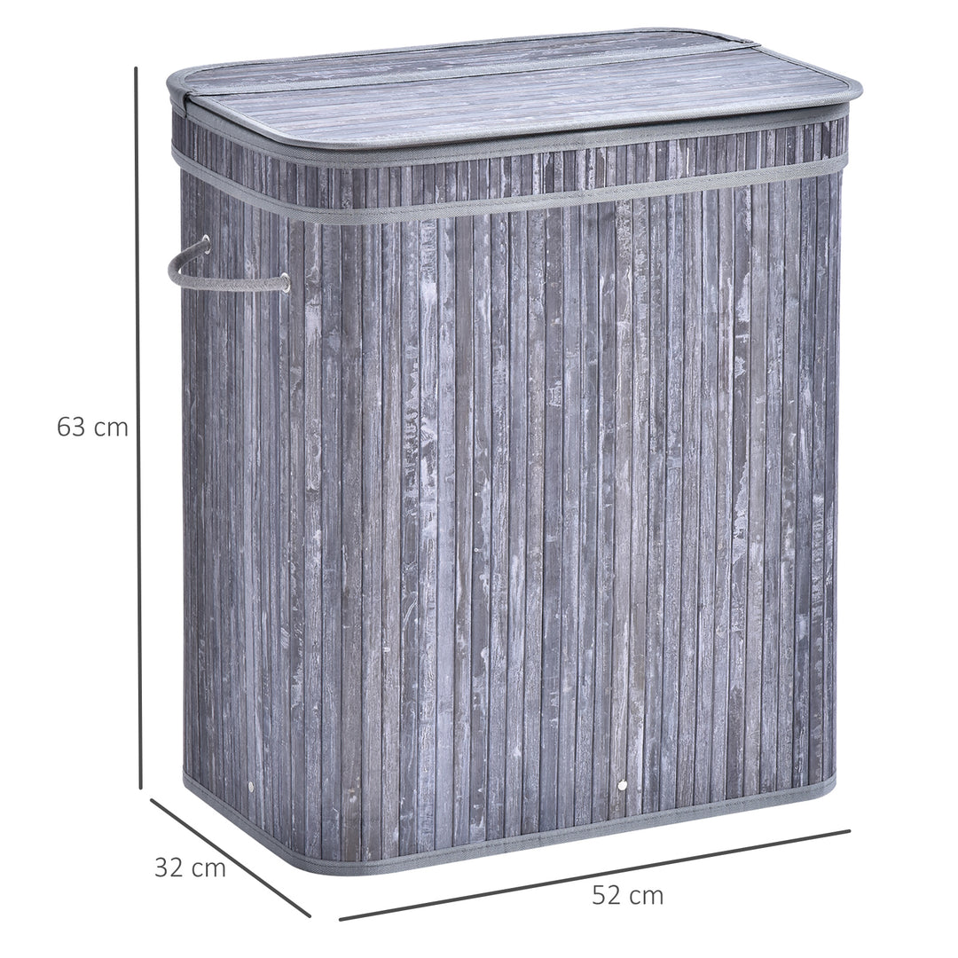 Wooden Laundry Basket w/ Split Compartment Clothes Storage- Grey