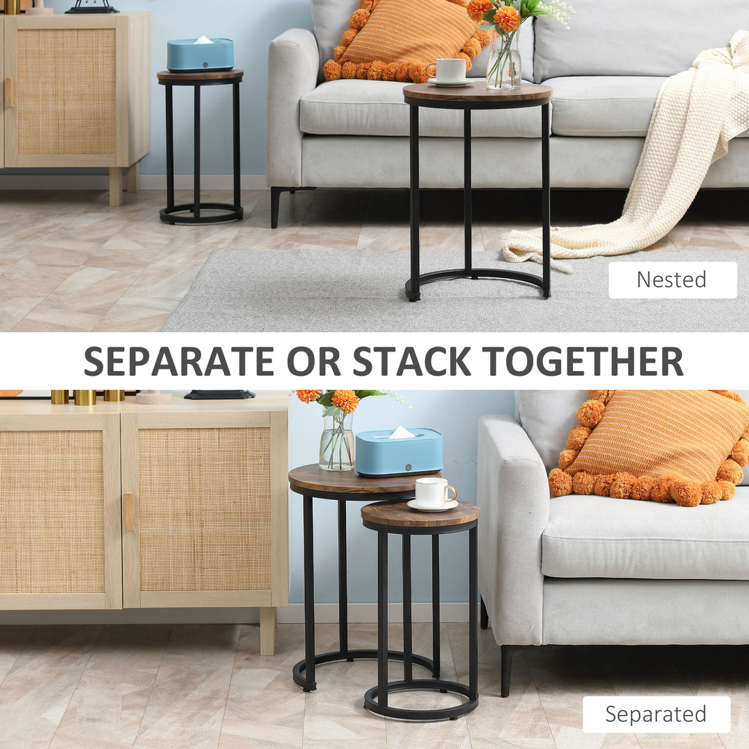 Round Nesting Tables Set of 2 Industrial Stackable Side Tables with Rustic Wood Grain Metal Frame for Living Room Brown