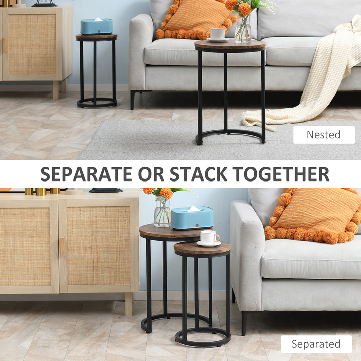 Round Nesting Tables Set of 2 Industrial Stackable Side Tables with Rustic Wood Grain Metal Frame for Living Room Brown