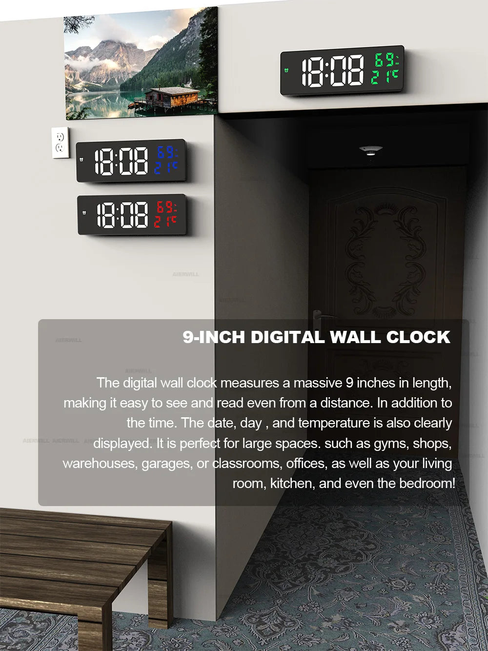 Digital Wall Clock Large LED Screen Temperature Humidity Display