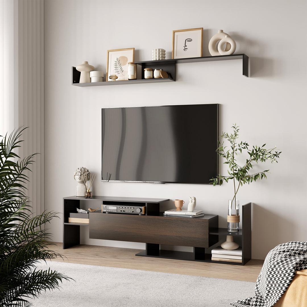 HOMCOM Modern TV Cabinet with Wall Shelf, TV Unit with Storage Shelf and Cabinet, for Wall-Mounted 65" TVs, Living Room Bedroom, Black and Dark Brown