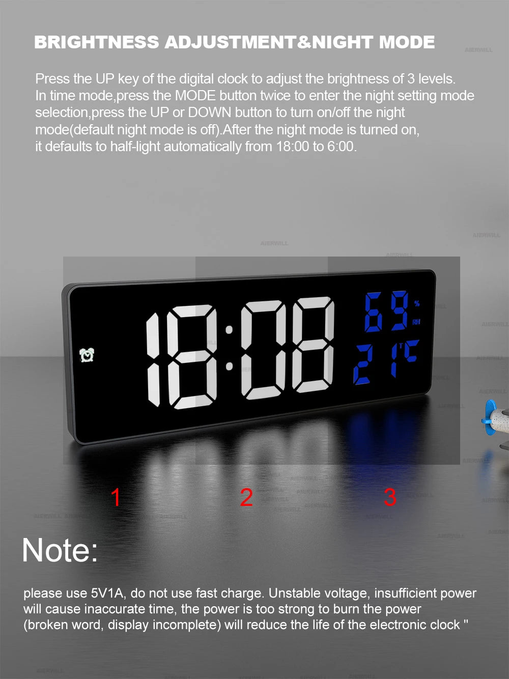 Digital Wall Clock Large LED Screen Temperature Humidity Display