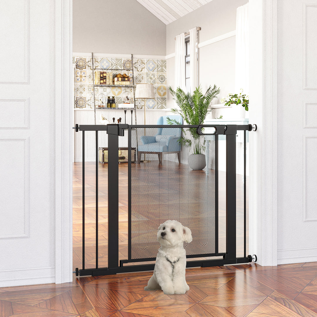 PawHut Pressure Fit Safety Gate for Doors and Stairs, Dog Gate with Auto Close, Pet Barrier for Hallways, with Double Locking, 2 Extensions Kit Black