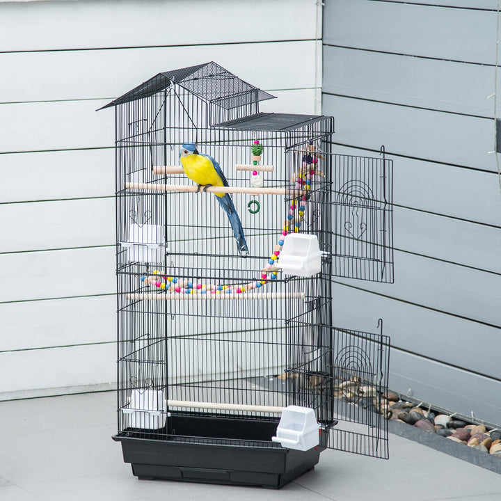 PawHut Bird Cage for Budgies Finches Canaries with Accessories, Toys, Tray, Handle, 46 x 36 x 100 cm, Black