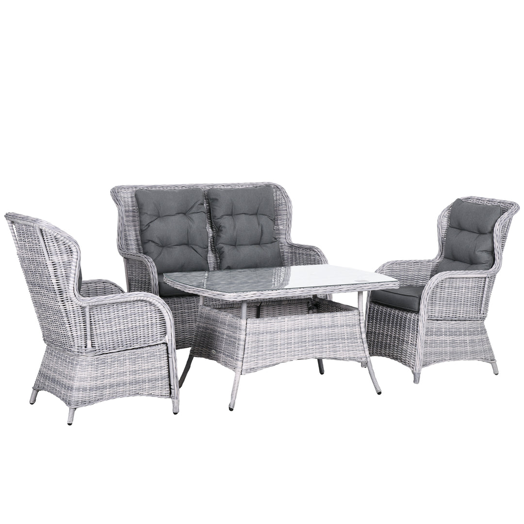 Outsunny Garden PE Rattan Dining Sofa Set, Outdoor 4 Seater Wicker Furniture, High Back Chairs with Cushions for Lawn, Backyard, Mixed Grey