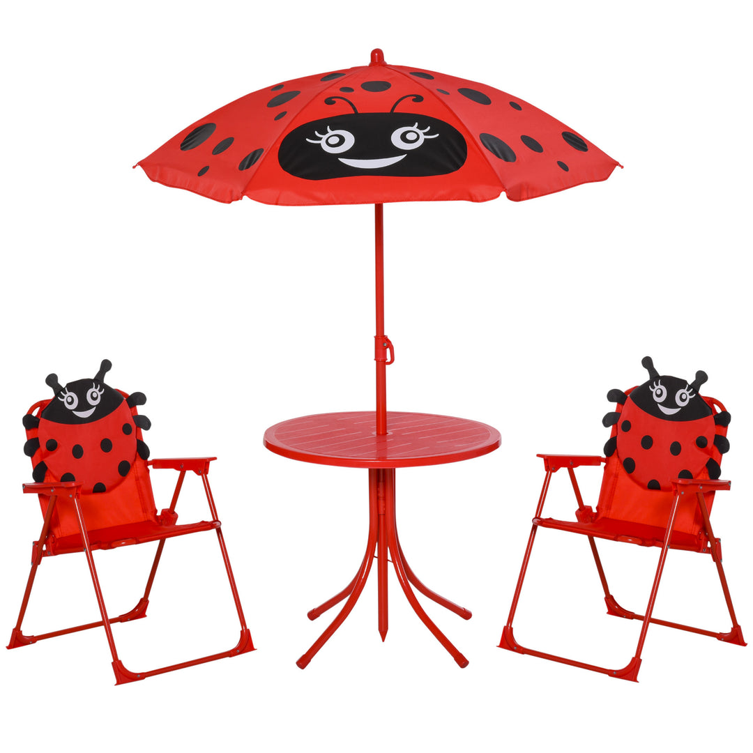 Kids Folding Picnic Table and Chairs Set Ladybug Pattern Outdoor w/ Parasol