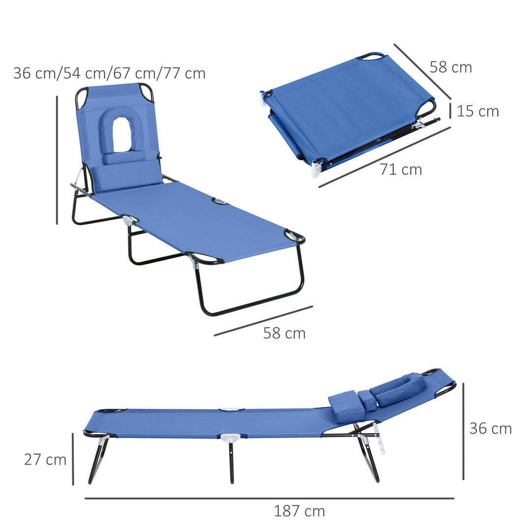 Sun Lounger Foldable Reclining Chair with Pillow and Reading Hole Garden Beach Outdoor Recliner Adjustable Blue