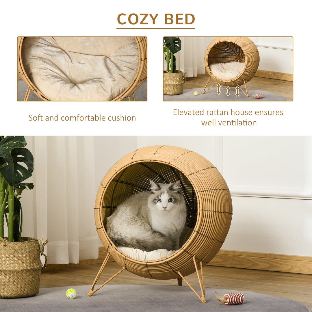 Wicker Cat Bed Elevated Rattan Kitten Basket Pet Den. House Cozy Cave with Soft Cushion Φ52 x 58cm Light Brown
