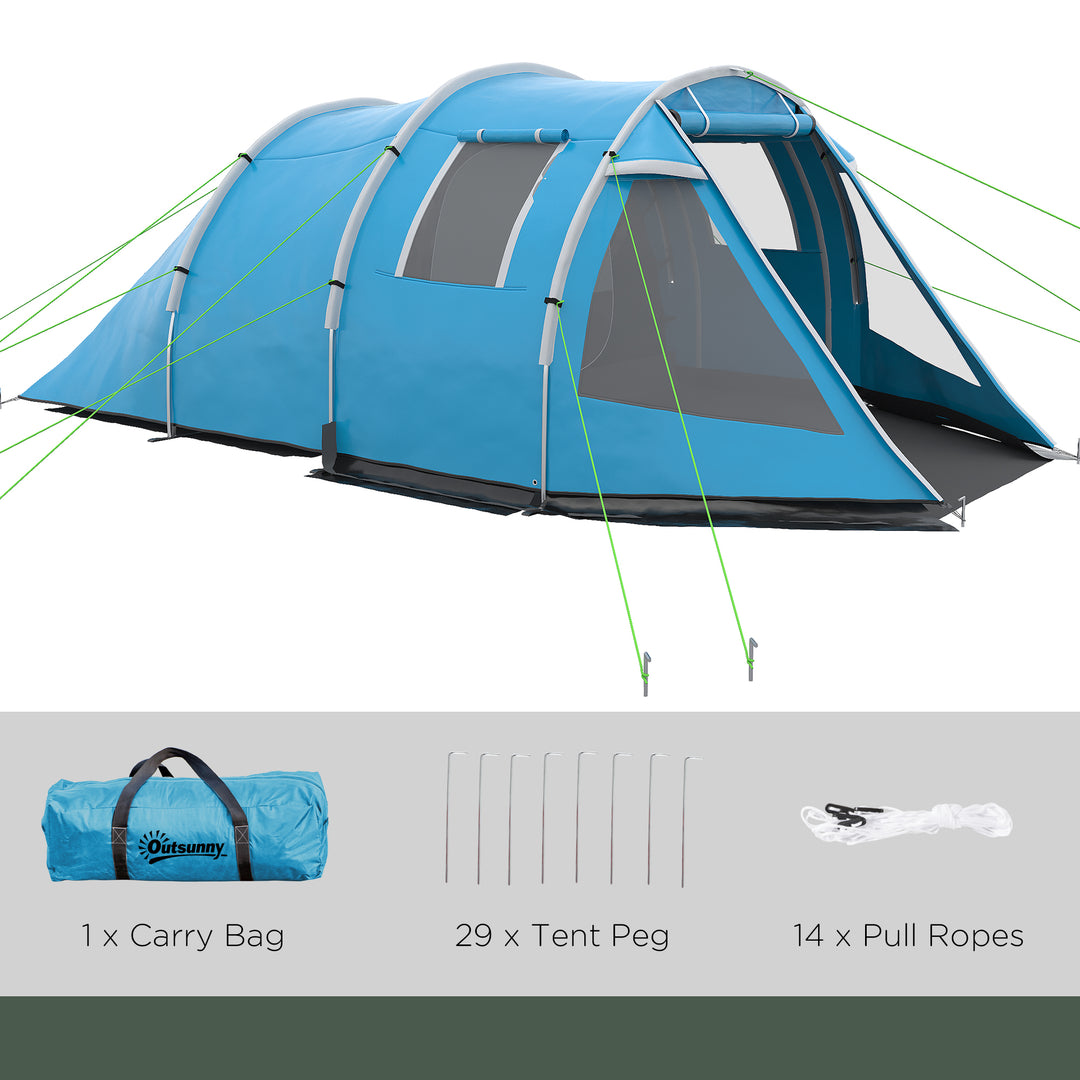 3-4 Man Tunnel Tent, Two Room Camping Tent with Windows and Covers, Portable Carry Bag, for Fishing, Hiking, Sports, Festival - Blue