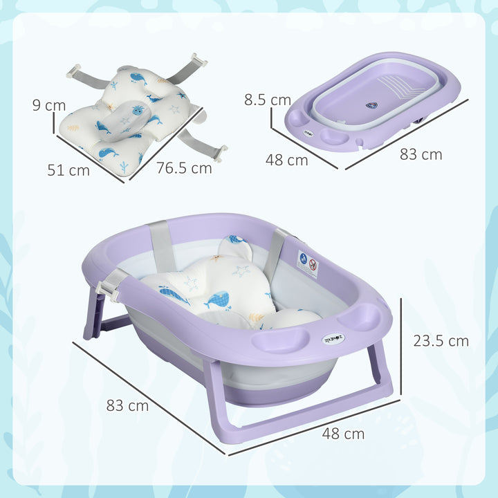 Foldable Baby Bath Tub, Bath Tub with Non-Slip Support, Cushion Pad, Drain Plugs, Shower Head Holder, for Newborn to 6 Years - Purple