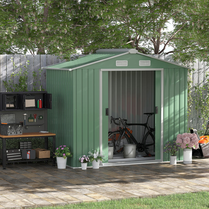 7ft x 4ft Lockable Garden Metal Storage Shed Large Patio Roofed Tool Storage Building Foundation Sheds Box Outdoor Furniture, Light Green