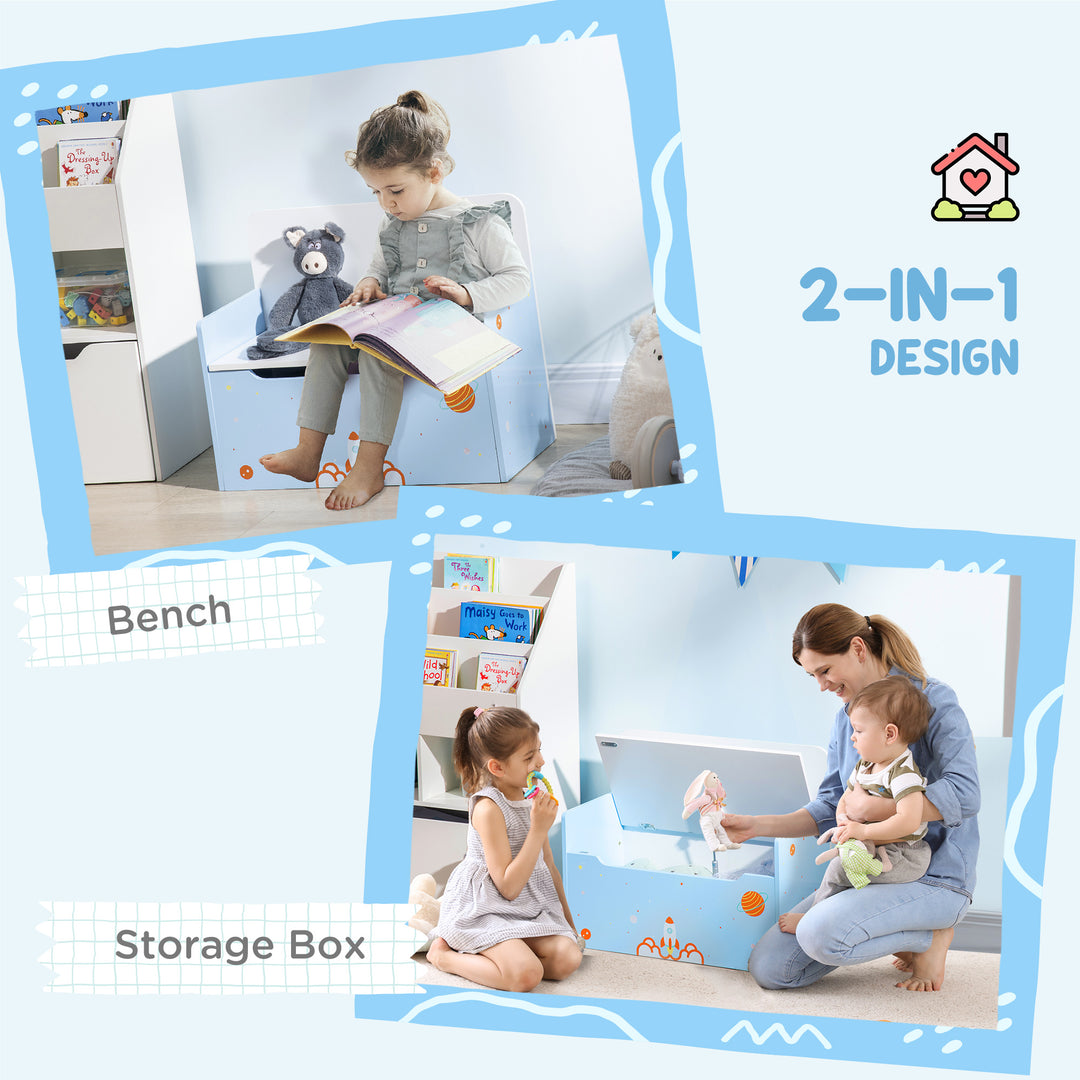 2-IN-1 Wooden Toy Box, Kids Storage Bench Toy Chest with Safety Pneumatic Rod, Rocket Pattern, Blue