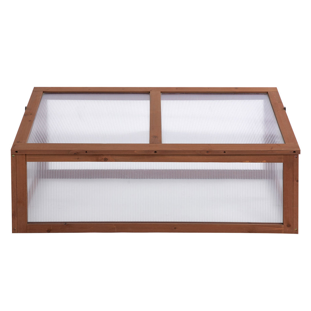 Outsunny Wooden Framed Polycarbonate Cold Frame Greenhouse for Plants Outdoor with Openable & Tilted Top Cover, PC Board, Brown, 100 x 65 x 40cm