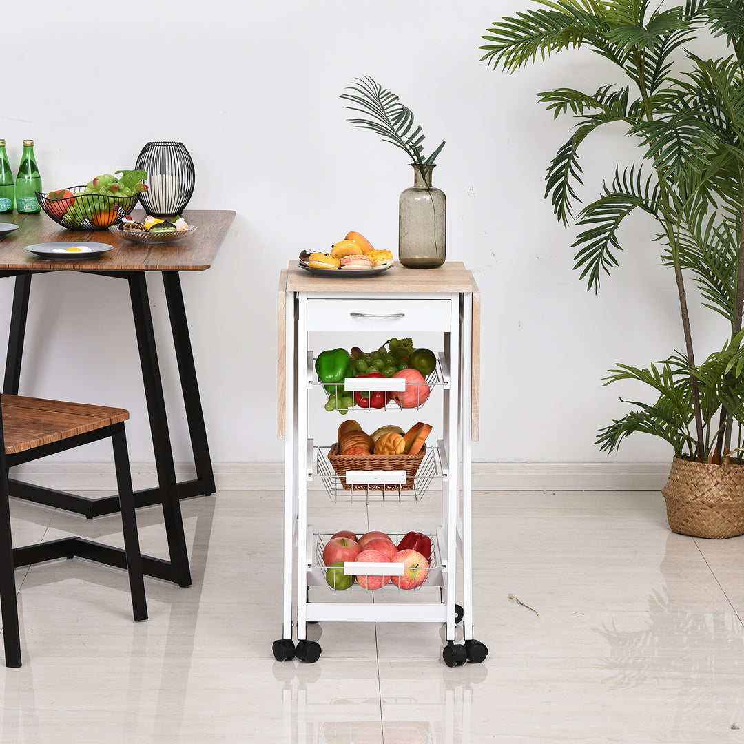 Drop-Leaf Kitchen Trolley w/ 3 Baskets Drawer Surface Top 6 Wheels Rolling Storage Unit Kitchen Home Dining Cart White Oak Tone