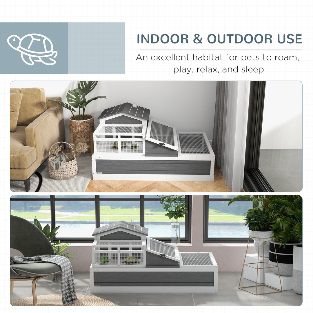 3-Room Tortoise House Habitat w/ Balcony &amp; 2 Stories, Wooden Tortoise Enclosure with Ladder, Tray, Openable Roof