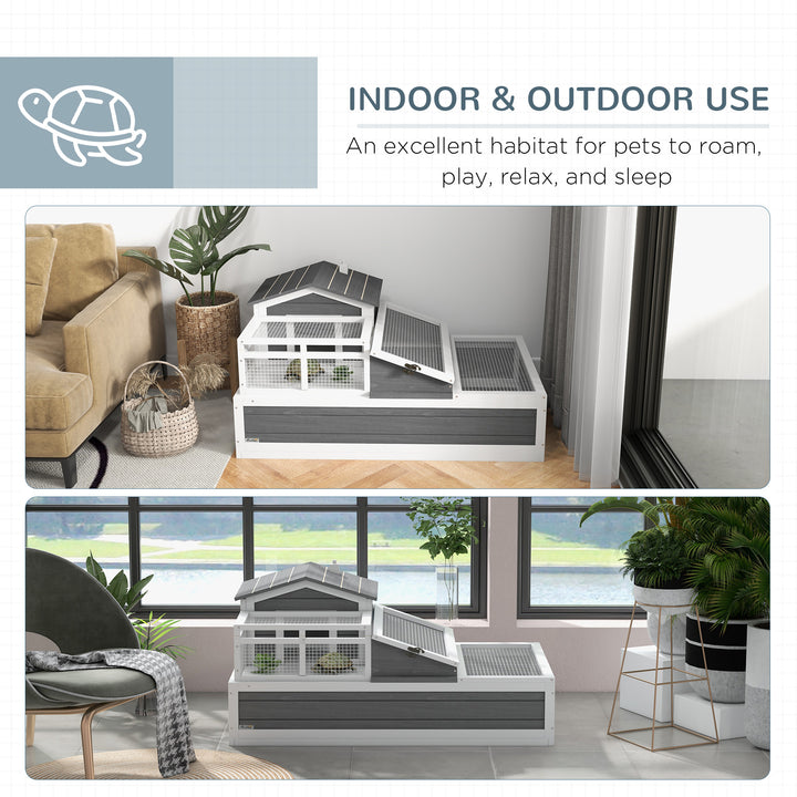 3-Room Tortoise House Habitat w/ Balcony &amp; 2 Stories, Wooden Tortoise Enclosure with Ladder, Tray, Openable Roof