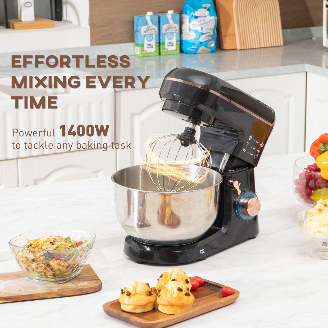 Stand Mixer, 5L Food Mixer for Baking, 6 Speeds and Pulse Setting, 1400W Cake Electric Kitchen Mixer with Dough Hook, Whisk, Stainless Steel Bowl