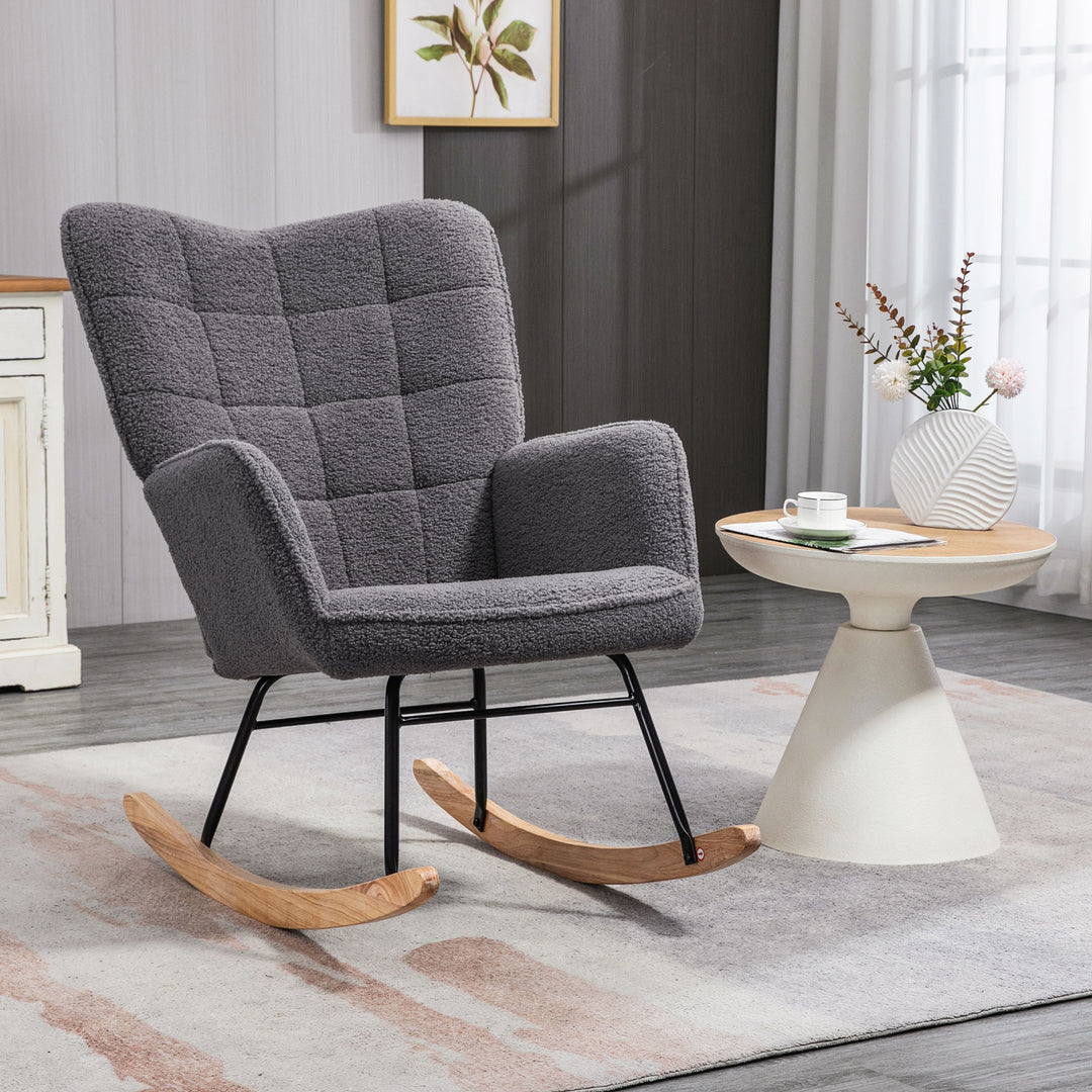 Wingback Rocking Chair for Nursing, Berber Fleece Nursery Glider Rocker, Modern Armchair for Living Room, Dark Grey