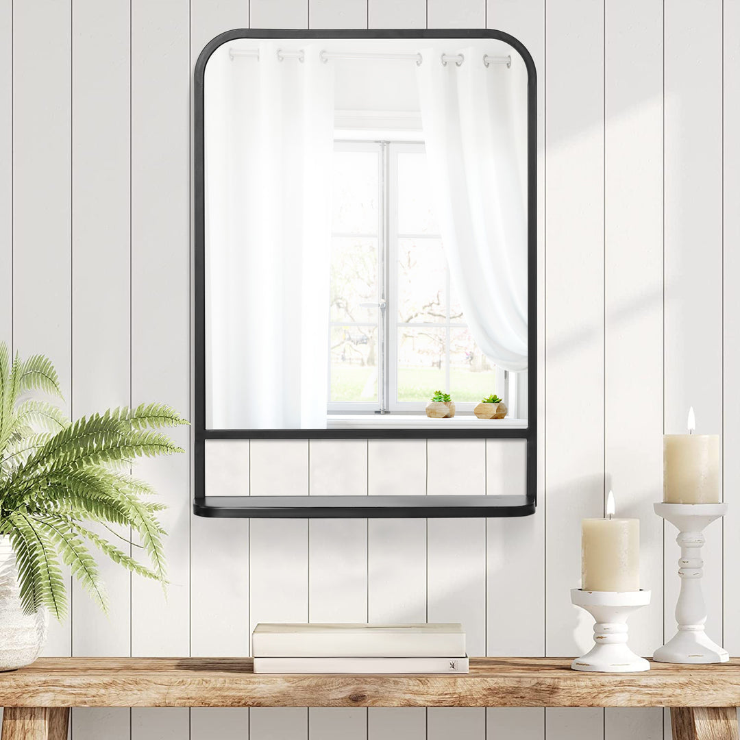 Modern Square Wall Mirror with Storage Shelf, 70 x 50 cm Mirrors for Living Room, Bedroom, Black