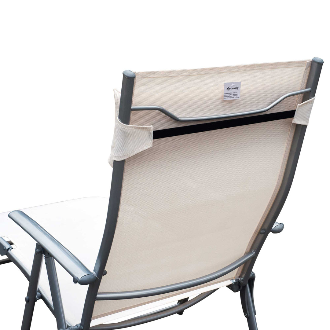 Outsunny Garden Lounger Steel Frame Outdoor Folding Chaise Recliner with Headrest & 7 Levels Adjustable Backrest, 81.5L x 20.5W x 64.5H, Cream White