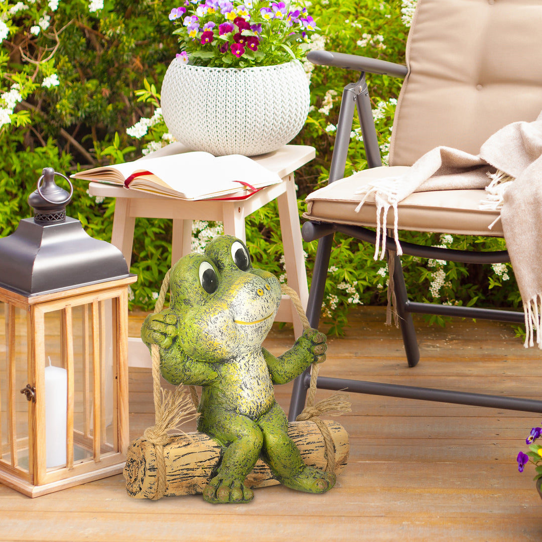 Hanging Garden Statue, Vivid Frog on Swing Art Sculpture, Outdoor Ornament Home Decoration, Green