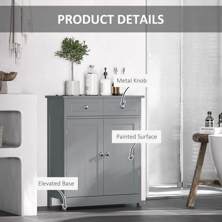 kleankin Bathroom Storage Cabinet Free-Standing Bathroom Cabinet Unit w/ 2 Drawers Cupboard Adjustable Shelf Handles Traditional Style 75x60cm Grey