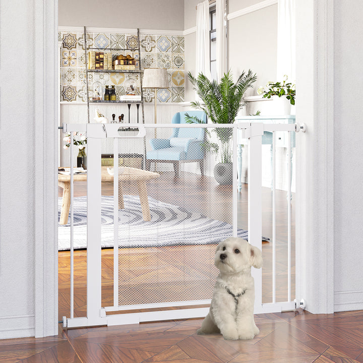 PawHut Pressure Fit Safety Gate for Doorways and Staircases, Dog Gate w/ Auto Closing Door, Pet Barrier for Hallways w/ Double Locking - White