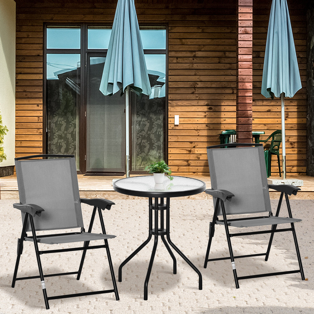 3 Piece Patio Furniture Bistro Set 2 Folding Chairs 1 Tempered Glass Table  Adjustable Backrest - Grey