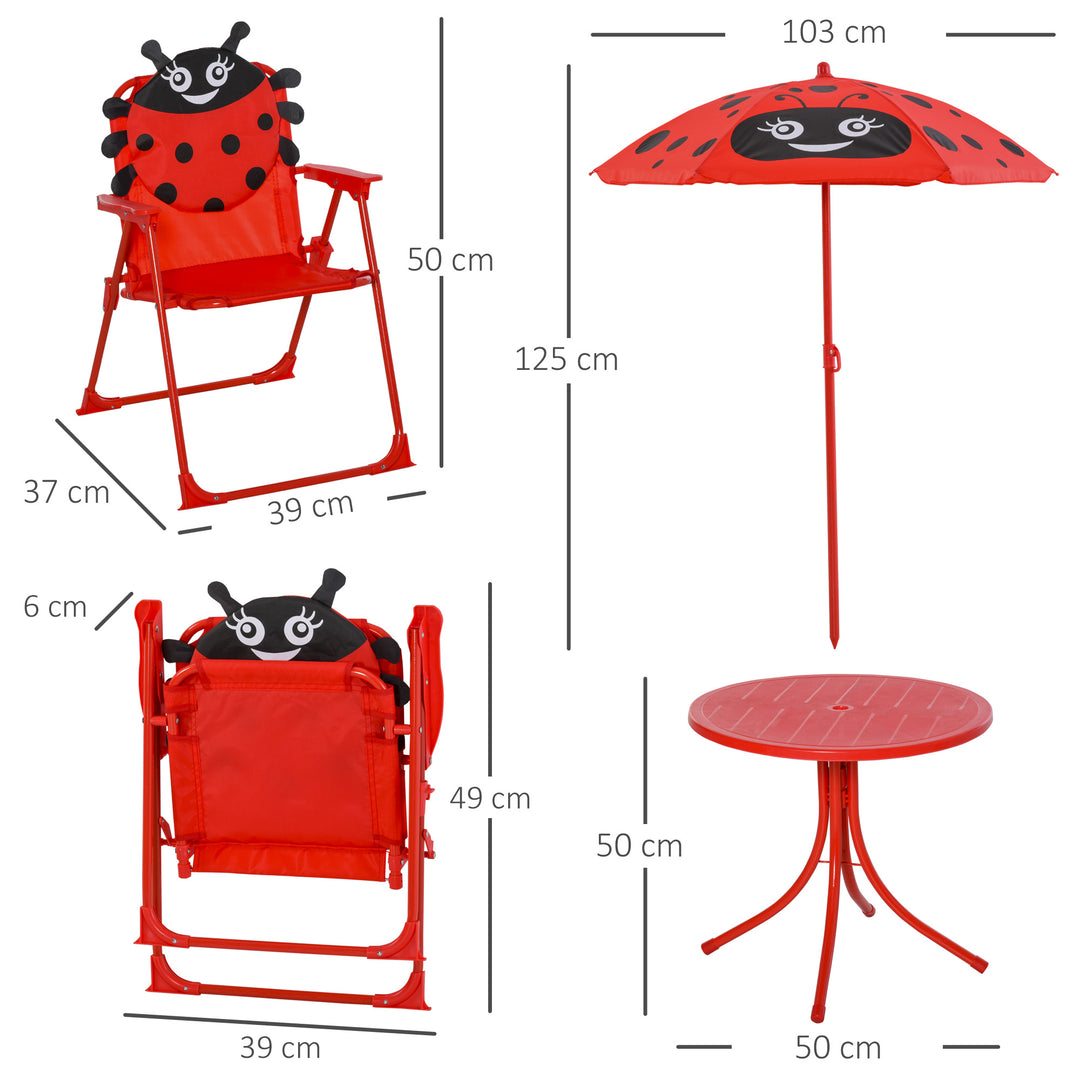 Kids Folding Picnic Table and Chairs Set Ladybug Pattern Outdoor w/ Parasol