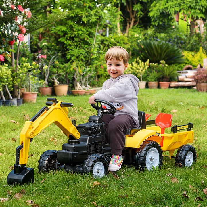 Ride-on Toy Pedal Digger Construction Car with Horn & Detachable Trailer, Yellow