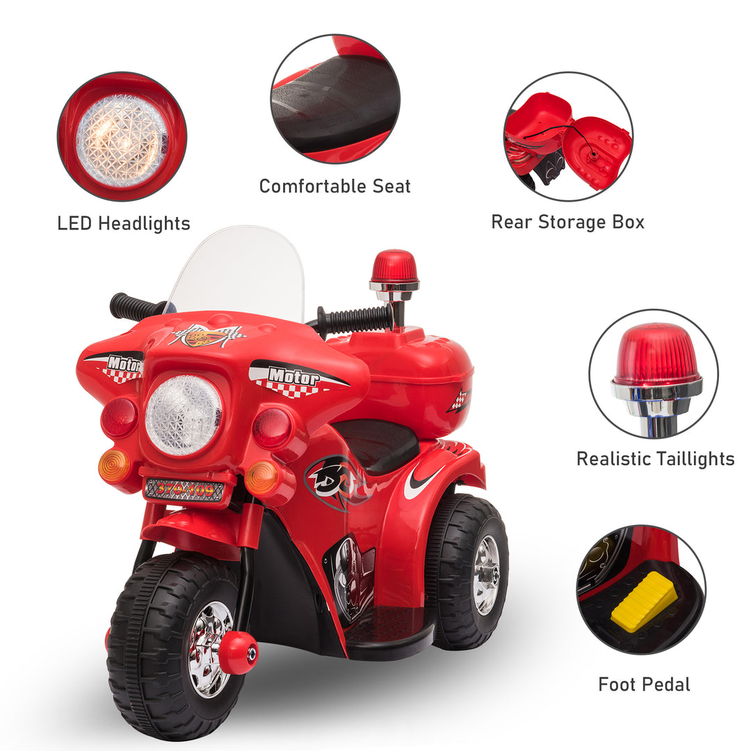 Kids 6V Electric Ride On Motorcycle 3 Wheel Vehicle Lights Music Horn Storage Box Outdoor Toy for 18 - 36 Months Red