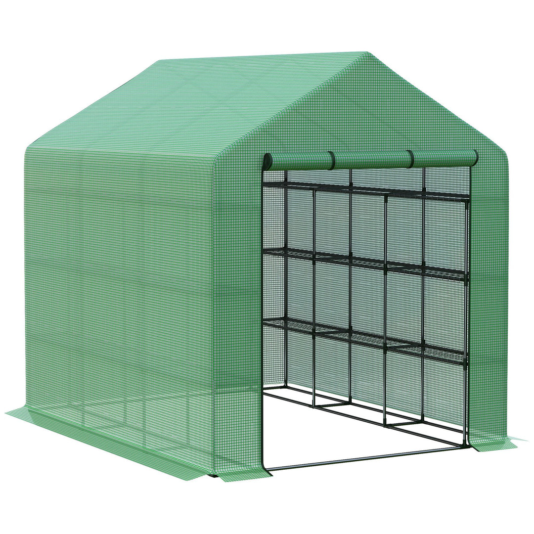 Outsunny Poly Tunnel Steeple Walk in Garden Greenhouse with Removable Cover Shelves - Green 244 x 180 x 210cm