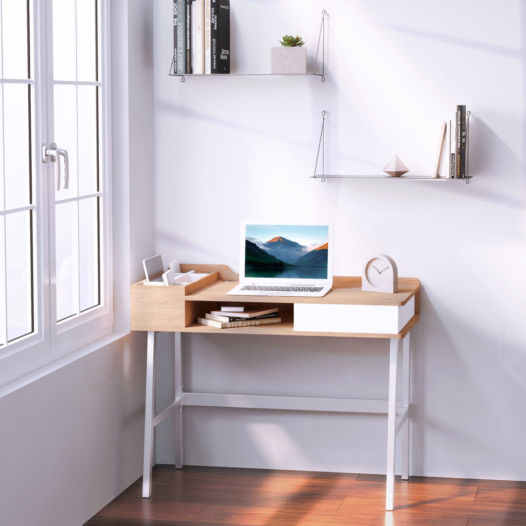 Computer Writing Desk Workstation with Drawer, Storage Compartments, Cable Management, Laptop Table Metal Frame Oak and White