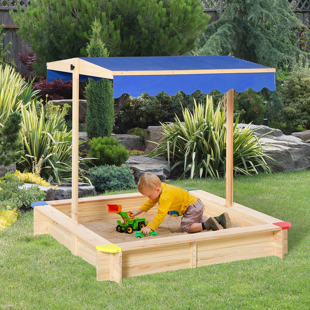 Kids Wooden Sandpit Children Cabana Square Sandbox Outdoor Backyard Playset Play Station Adjustable Canopy Bench Seat 120x120x120cm