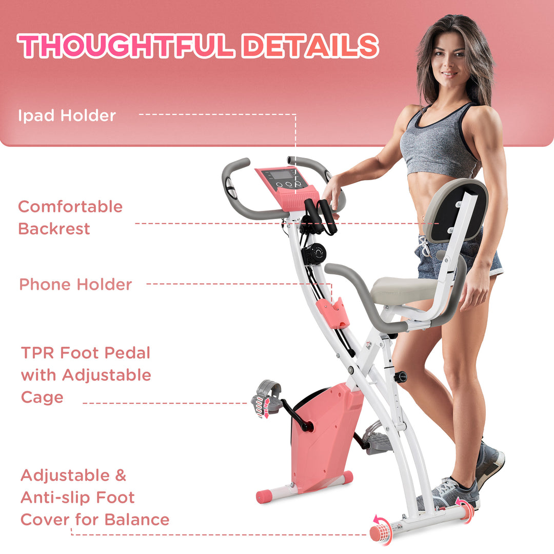 HOMCOM 2-in-1 Upright  Exercise Bike Stationary Foldable Magnetic Recumbent Cycling with Arm Resistance Bands Pink