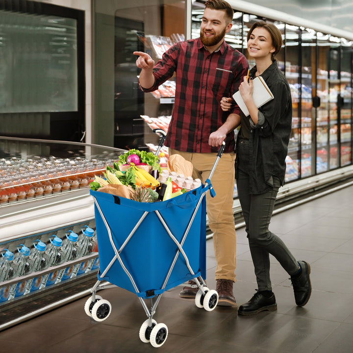Folding Shopping Trolley with Removable Waterproof Bag and Cover-Blue